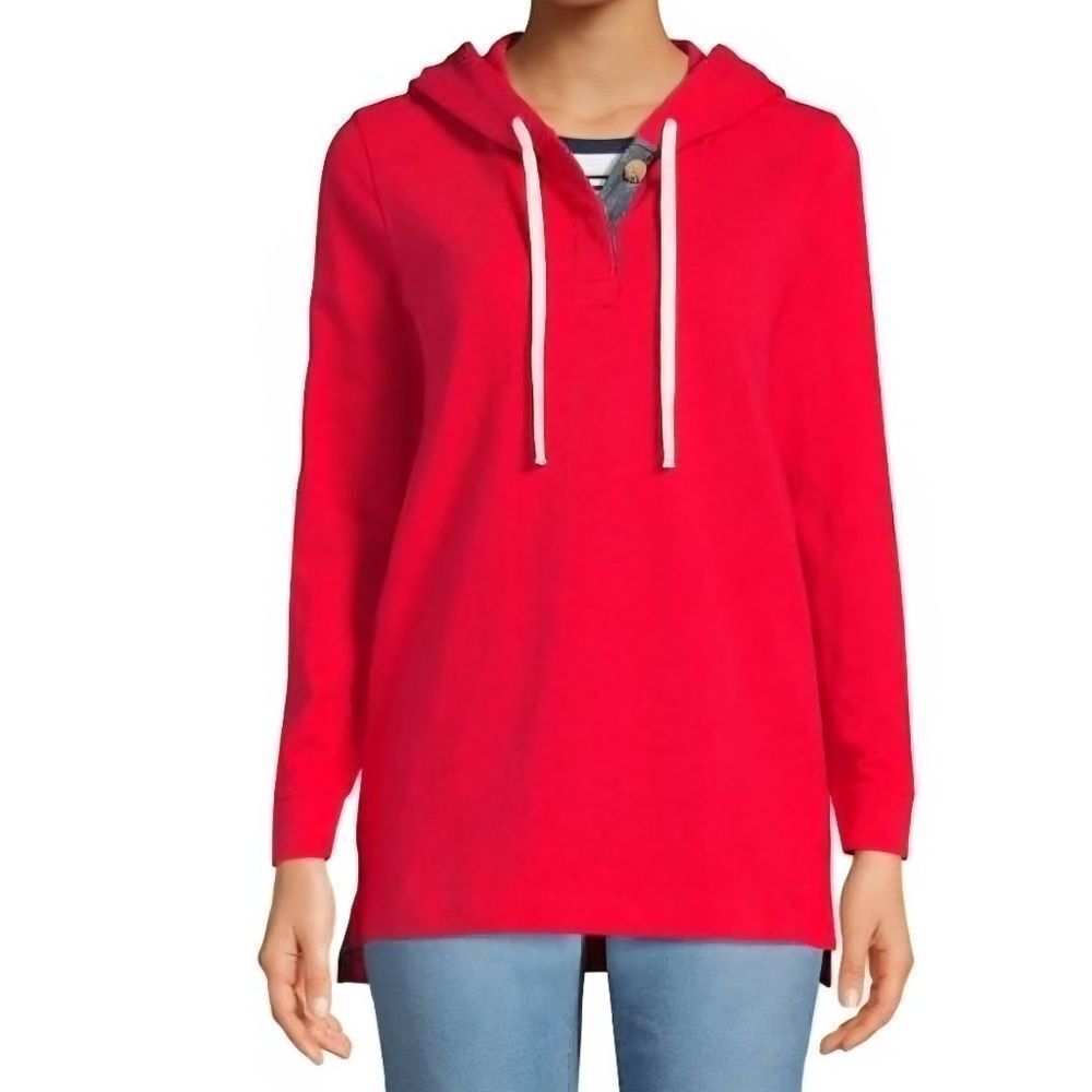 Lands' End Women’s Red Cotton Denim Trimmed Hooded Long Sleeve Pullover Top